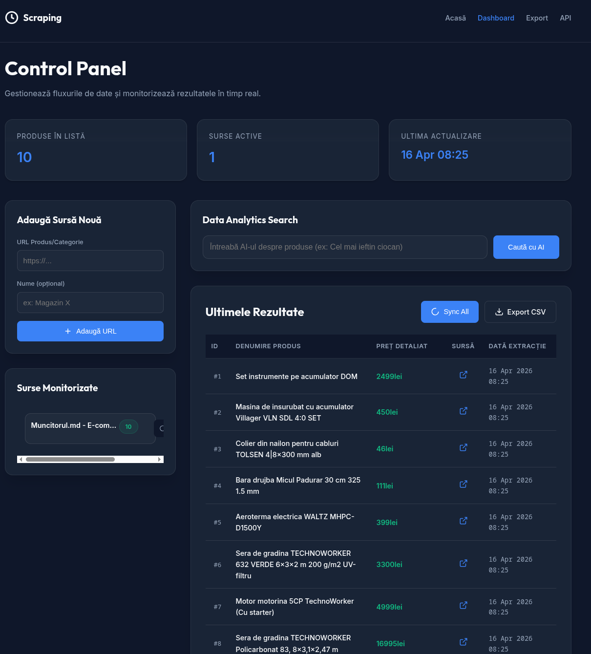 Interfață Web Scraping Monitor